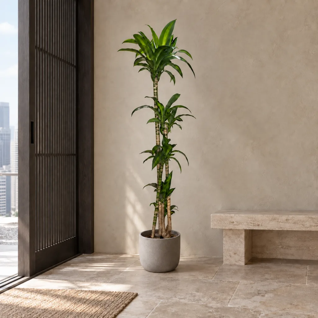 Corn plant 大型植物置於日式侘寂玄關的情境示意圖 / Corn plant styled in a Japanese wabi-sabi entryway