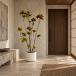 Croton | Large floor plant 大型植物置於日式侘寂玄關的情境示意圖 / Croton | Large floor plant styled in a Japanese wabi-sabi entryway