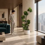 Dwarf umbrella tree | Large floor plant 大型植物置於半山低飽和輕奢家居人物觀賞場景，一位人物正在自然觀賞植物的情境示意圖 / Dwarf umbrella tree | Large floor plant styled in a Mid-Levels quiet-luxury home with an observer, with one person naturally observing it