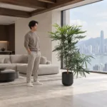 False aralia 大型植物置於半山低飽和輕奢家居人物觀賞場景，一位人物正在自然觀賞植物的情境示意圖 / False aralia styled in a Mid-Levels quiet-luxury home with an observer, with one person naturally observing it