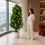 Fukugi tree | Large floor plant 大型植物置於半山低飽和輕奢家居人物觀賞場景，一位人物正在自然觀賞植物的情境示意圖 / Fukugi tree | Large floor plant styled in a Mid-Levels quiet-luxury home with an observer, with one person naturally observing it