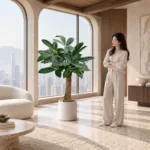 Money tree | Large floor plant 大型植物置於半山低飽和輕奢家居人物觀賞場景，一位人物正在自然觀賞植物的情境示意圖 / Money tree | Large floor plant styled in a Mid-Levels quiet-luxury home with an observer, with one person naturally observing it