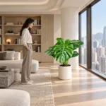 Monstera deliciosa 大型植物置於半山低飽和輕奢家居人物觀賞場景，一位人物正在自然觀賞植物的情境示意圖 / Monstera deliciosa styled in a Mid-Levels quiet-luxury home with an observer, with one person naturally observing it