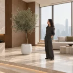 Olive tree 大型植物置於半山低飽和輕奢家居人物觀賞場景，一位人物正在自然觀賞植物的情境示意圖 / Olive tree styled in a Mid-Levels quiet-luxury home with an observer, with one person naturally observing it