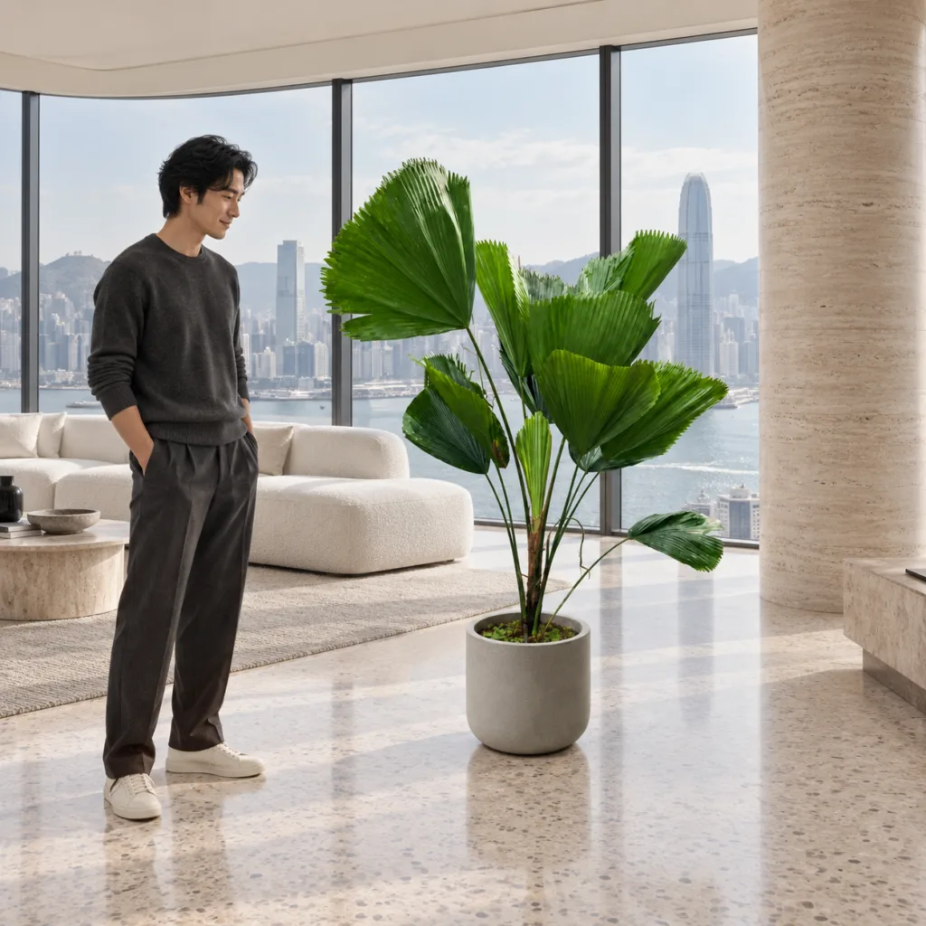 Ruffled fan palm 大型植物置於半山低飽和輕奢家居人物觀賞場景,一位人物正在自然觀賞植物的情境示意圖 / Ruffled fan palm styled in a Mid-Levels quiet-luxury home with an observer, with one person naturally observing it