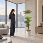 Sacred bamboo 大型植物置於半山低飽和輕奢家居人物觀賞場景，一位人物正在自然觀賞植物的情境示意圖 / Sacred bamboo styled in a Mid-Levels quiet-luxury home with an observer, with one person naturally observing it