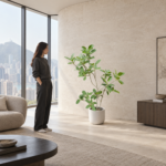 Small-leaf Chinese banyan 大型植物置於半山低飽和輕奢家居人物觀賞場景，一位人物正在自然觀賞植物的情境示意圖 / Small-leaf Chinese banyan styled in a Mid-Levels quiet-luxury home with an observer, with one person naturally observing it