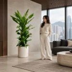 Spineless yucca | Large floor plant 大型植物置於半山低飽和輕奢家居人物觀賞場景，一位人物正在自然觀賞植物的情境示意圖 / Spineless yucca | Large floor plant styled in a Mid-Levels quiet-luxury home with an observer, with one person naturally observing it