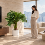Split-leaf philodendron | Large floor plant 大型植物置於半山低飽和輕奢家居人物觀賞場景，一位人物正在自然觀賞植物的情境示意圖 / Split-leaf philodendron | Large floor plant styled in a Mid-Levels quiet-luxury home with an observer, with one person naturally observing it