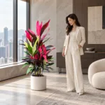 Ti plant | Large floor plant 大型植物置於半山低飽和輕奢家居人物觀賞場景，一位人物正在自然觀賞植物的情境示意圖 / Ti plant | Large floor plant styled in a Mid-Levels quiet-luxury home with an observer, with one person naturally observing it