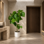 Umbrella fig | Large floor plant 大型植物置於日式侘寂玄關的情境示意圖 / Umbrella fig | Large floor plant styled in a Japanese wabi-sabi entryway