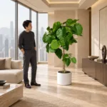 Umbrella fig | Large floor plant 大型植物置於半山低飽和輕奢家居人物觀賞場景，一位人物正在自然觀賞植物的情境示意圖 / Umbrella fig | Large floor plant styled in a Mid-Levels quiet-luxury home with an observer, with one person naturally observing it