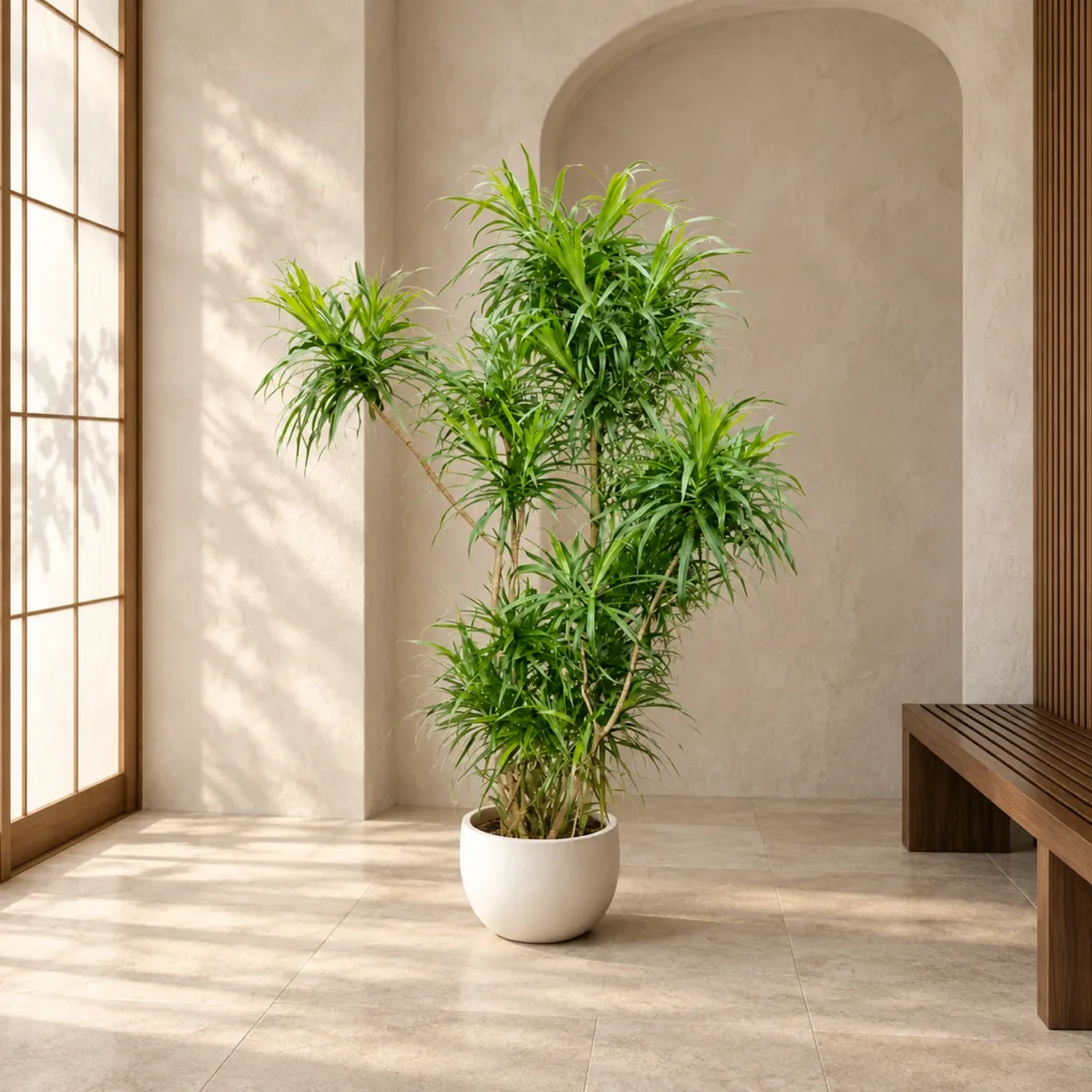 Willow-leaf / Anita dracaena 大型植物置於日式侘寂玄關的情境示意圖 / Willow-leaf / Anita dracaena styled in a Japanese wabi-sabi entryway
